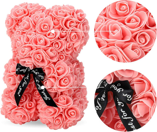 LINKLO Rose Bear Rose Teddy Bear -10 Inch Artificial Rose Flower Bear, Gift for Wedding, Mothers Day and Anniversary, Including Transparent Gift Box (Champagne)