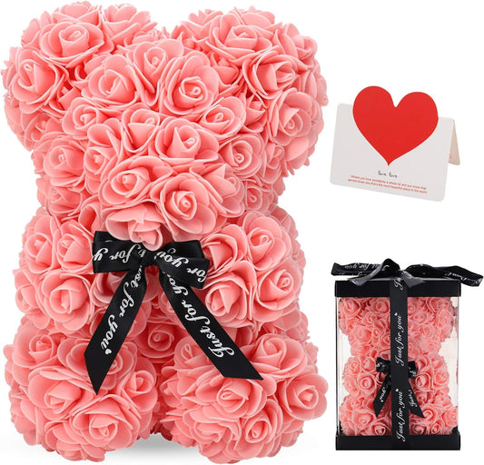 LINKLO Rose Bear Rose Teddy Bear -10 Inch Artificial Rose Flower Bear, Gift for Wedding, Mothers Day and Anniversary, Including Transparent Gift Box (Champagne)