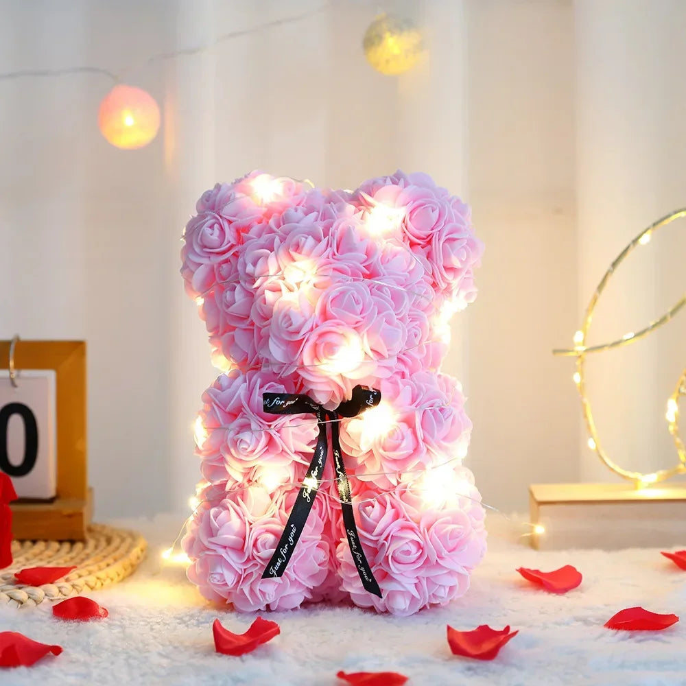 25Cm Artificial Teddy Rose Flower Bear with Box Romantic Valentines Day Gift Girlfriend Anniversary Wedding Party Supplies