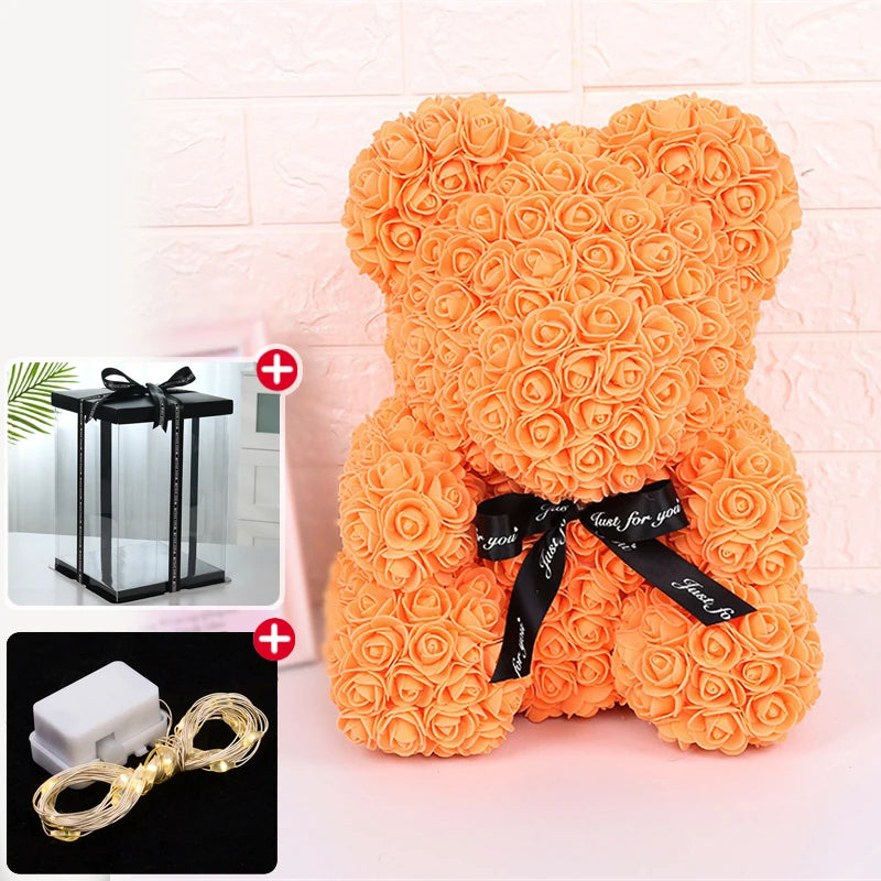 Wedding Decoration Rose Bear Artificial Flower with Box and Light Rose Teddy Bear for Women Valentines Girlfriend Birthday Gifts