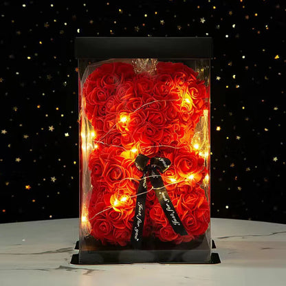 Wedding Decoration Rose Bear Artificial Flower with Box and Light Rose Teddy Bear for Women Valentines Girlfriend Birthday Gifts