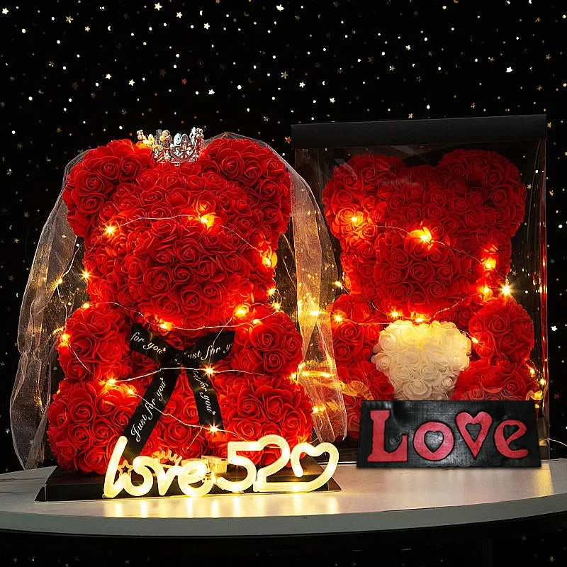 Wedding Decoration Rose Bear Artificial Flower with Box and Light Rose Teddy Bear for Women Valentines Girlfriend Birthday Gifts