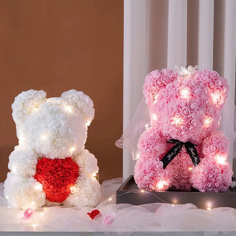 Wedding Decoration Rose Bear Artificial Flower with Box and Light Rose Teddy Bear for Women Valentines Girlfriend Birthday Gifts
