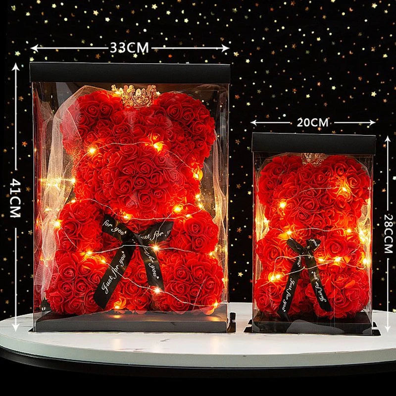 Wedding Decoration Rose Bear Artificial Flower with Box and Light Rose Teddy Bear for Women Valentines Girlfriend Birthday Gifts