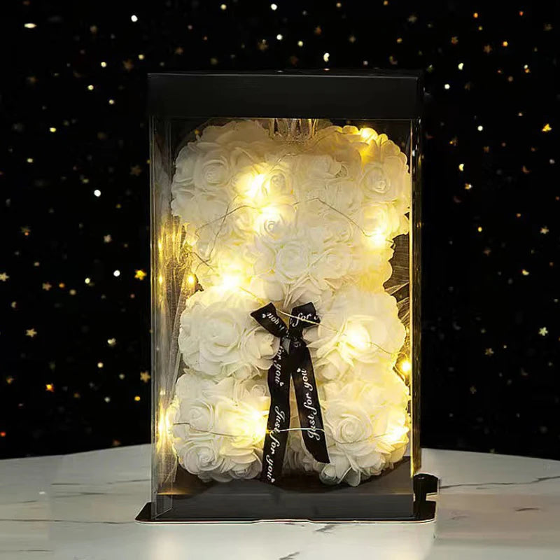 Wedding Decoration Rose Bear Artificial Flower with Box and Light Rose Teddy Bear for Women Valentines Girlfriend Birthday Gifts