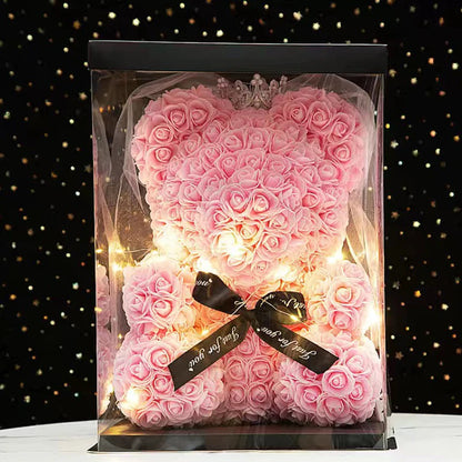 Wedding Decoration Rose Bear Artificial Flower with Box and Light Rose Teddy Bear for Women Valentines Girlfriend Birthday Gifts