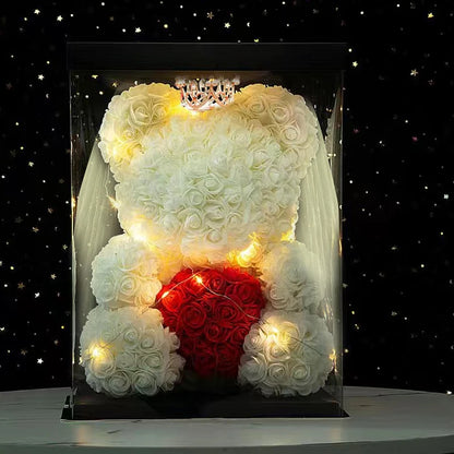 Wedding Decoration Rose Bear Artificial Flower with Box and Light Rose Teddy Bear for Women Valentines Girlfriend Birthday Gifts