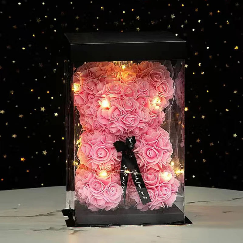 Wedding Decoration Rose Bear Artificial Flower with Box and Light Rose Teddy Bear for Women Valentines Girlfriend Birthday Gifts
