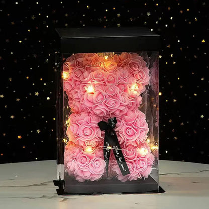 Wedding Decoration Rose Bear Artificial Flower with Box and Light Rose Teddy Bear for Women Valentines Girlfriend Birthday Gifts