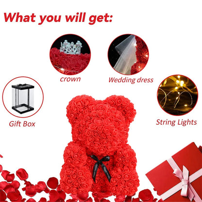 Wedding Decoration Rose Bear Artificial Flower with Box and Light Rose Teddy Bear for Women Valentines Girlfriend Birthday Gifts