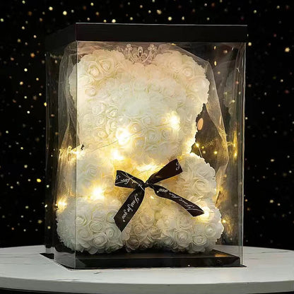 Wedding Decoration Rose Bear Artificial Flower with Box and Light Rose Teddy Bear for Women Valentines Girlfriend Birthday Gifts