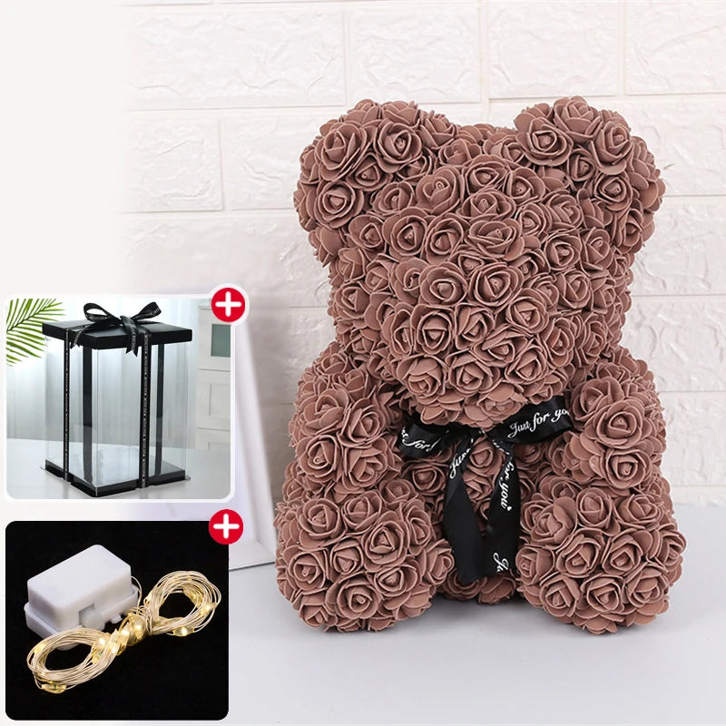 Wedding Decoration Rose Bear Artificial Flower with Box and Light Rose Teddy Bear for Women Valentines Girlfriend Birthday Gifts