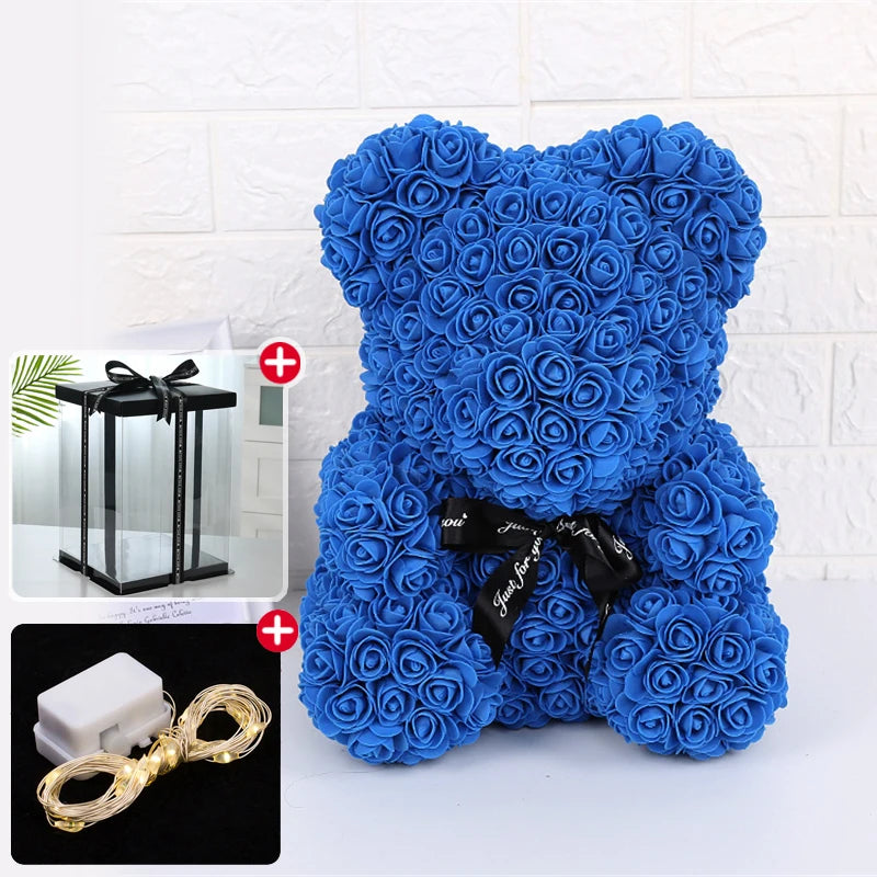 Wedding Decoration Rose Bear Artificial Flower with Box and Light Rose Teddy Bear for Women Valentines Girlfriend Birthday Gifts