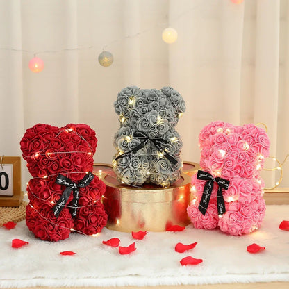 25Cm Artificial Teddy Rose Flower Bear with Box Romantic Valentines Day Gift Girlfriend Anniversary Wedding Party Supplies