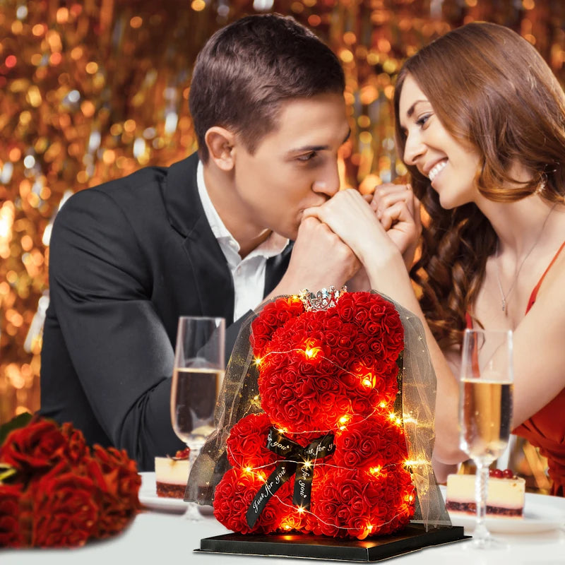Wedding Decoration Rose Bear Artificial Flower with Box and Light Rose Teddy Bear for Women Valentines Girlfriend Birthday Gifts