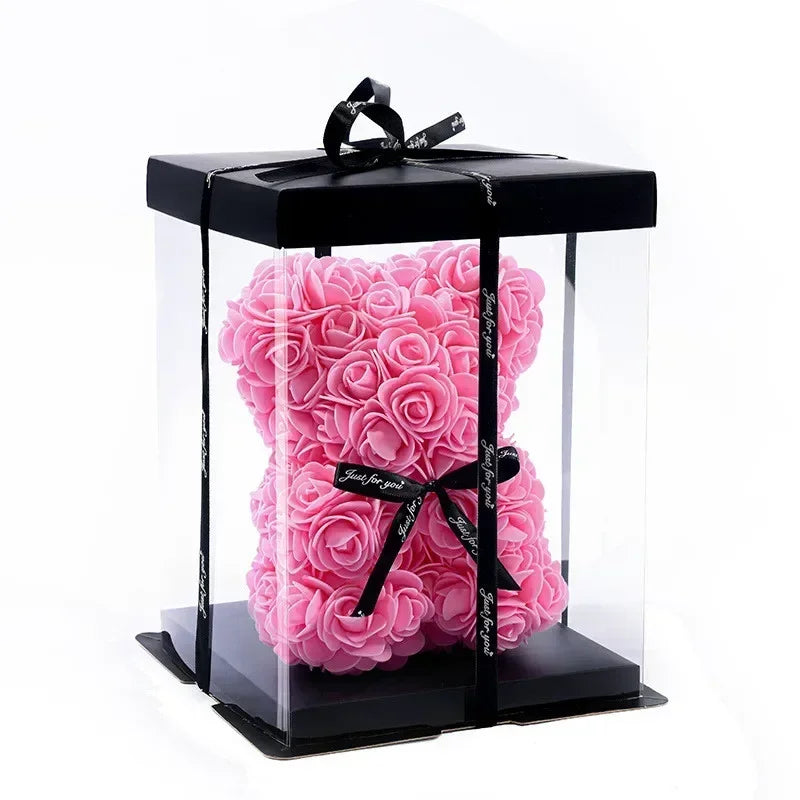 25Cm Artificial Teddy Rose Flower Bear with Box Romantic Valentines Day Gift Girlfriend Anniversary Wedding Party Supplies