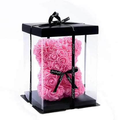 25Cm Artificial Teddy Rose Flower Bear with Box Romantic Valentines Day Gift Girlfriend Anniversary Wedding Party Supplies