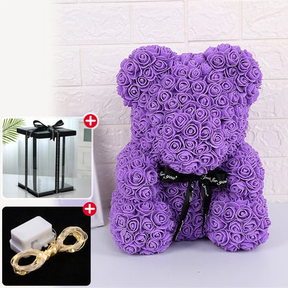 Wedding Decoration Rose Bear Artificial Flower with Box and Light Rose Teddy Bear for Women Valentines Girlfriend Birthday Gifts