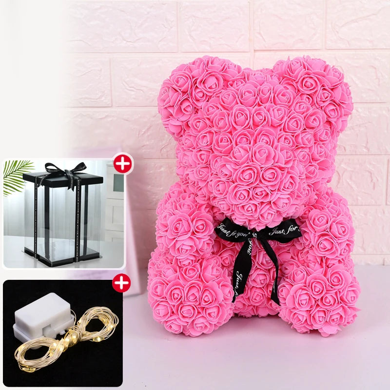 Wedding Decoration Rose Bear Artificial Flower with Box and Light Rose Teddy Bear for Women Valentines Girlfriend Birthday Gifts