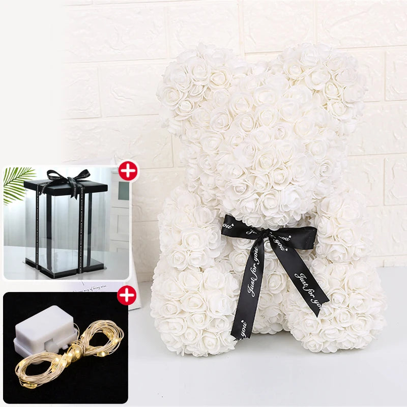Wedding Decoration Rose Bear Artificial Flower with Box and Light Rose Teddy Bear for Women Valentines Girlfriend Birthday Gifts