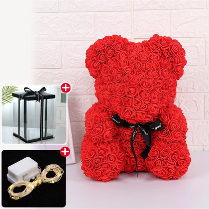 Wedding Decoration Rose Bear Artificial Flower with Box and Light Rose Teddy Bear for Women Valentines Girlfriend Birthday Gifts