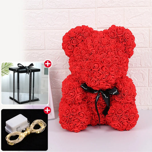 Wedding Decoration Rose Bear Artificial Flower with Box and Light Rose Teddy Bear for Women Valentines Girlfriend Birthday Gifts