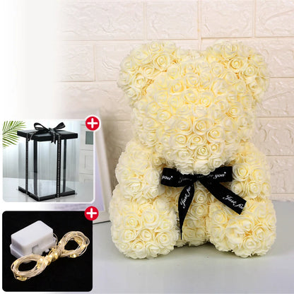Wedding Decoration Rose Bear Artificial Flower with Box and Light Rose Teddy Bear for Women Valentines Girlfriend Birthday Gifts