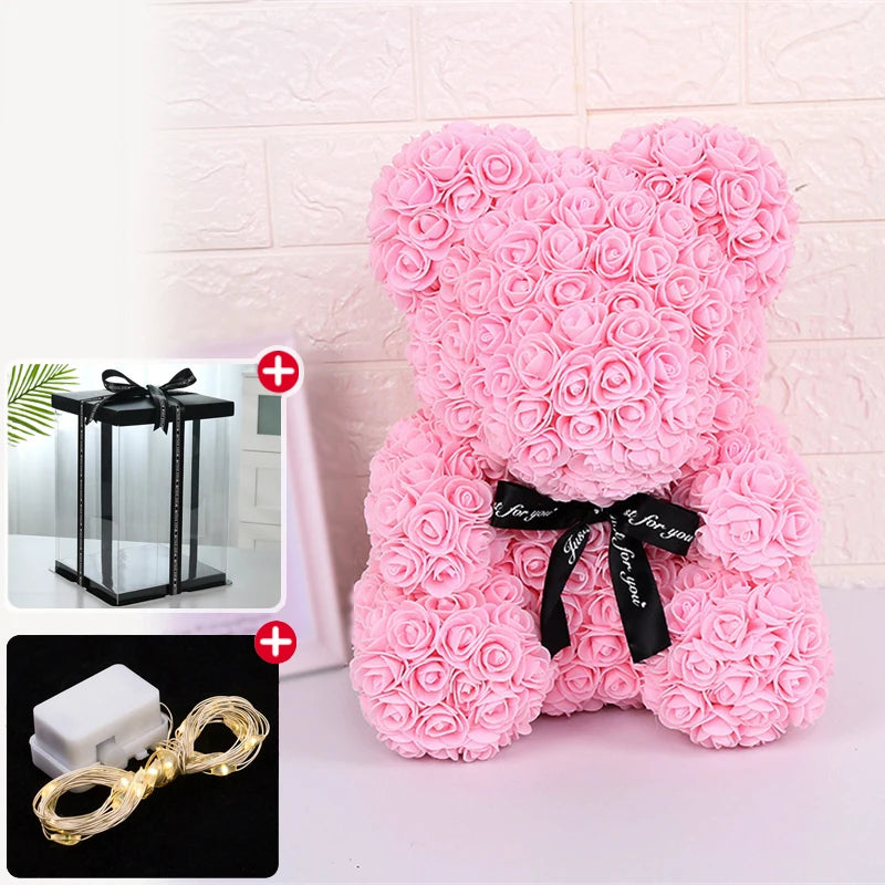 Wedding Decoration Rose Bear Artificial Flower with Box and Light Rose Teddy Bear for Women Valentines Girlfriend Birthday Gifts