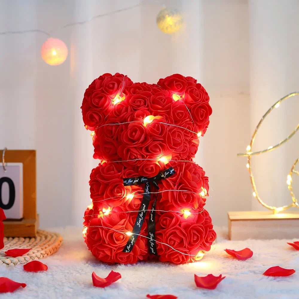 25Cm Artificial Teddy Rose Flower Bear with Box Romantic Valentines Day Gift Girlfriend Anniversary Wedding Party Supplies