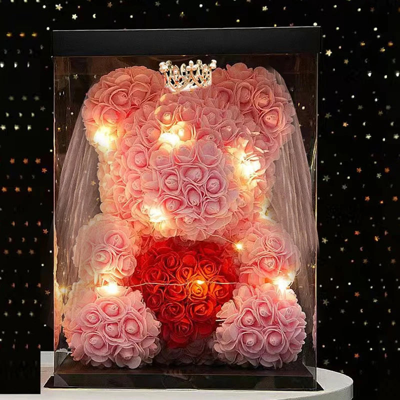 Wedding Decoration Rose Bear Artificial Flower with Box and Light Rose Teddy Bear for Women Valentines Girlfriend Birthday Gifts